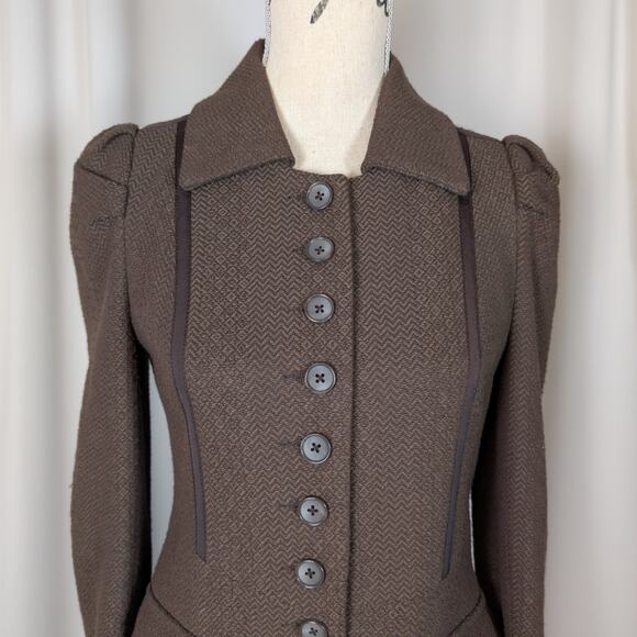 Jack Puff Shoulder Poetcore Coat Jacket Herringbone Tweed Brown Small - Picture 4 of 16